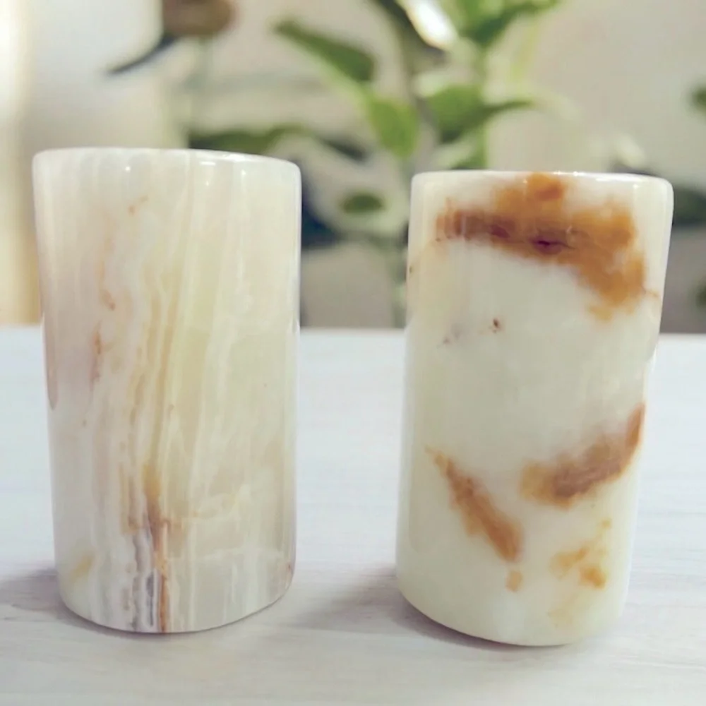 Vintage Natural Onyx Alabaster Stone Tea Light Candle Holders Pair